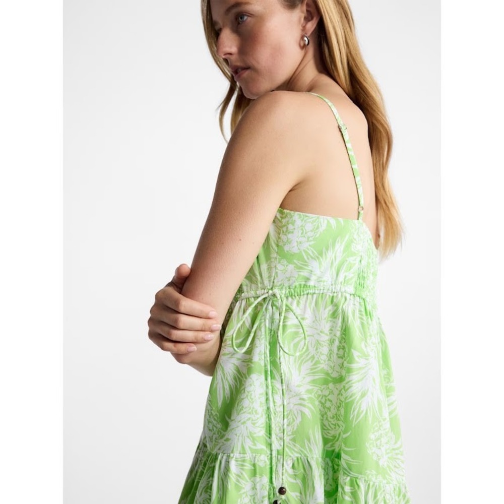 Green Pineapple Print Tiered Mini Dress V-Neck Smocked Back Side Ties Summer - Picture 4 of 5